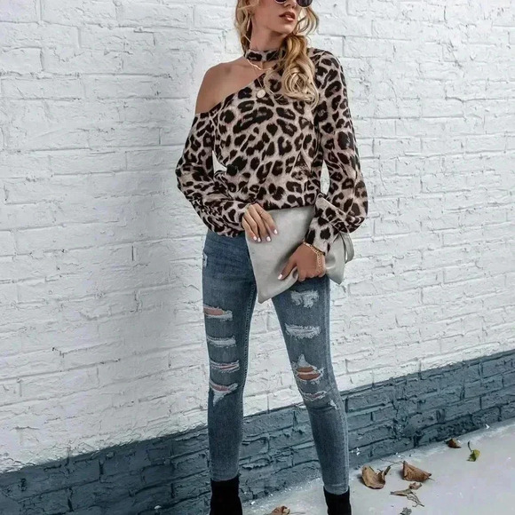 Tan Casual Womens Leopard Asymmetrical Neck Blouse - Picture 1 of 5
